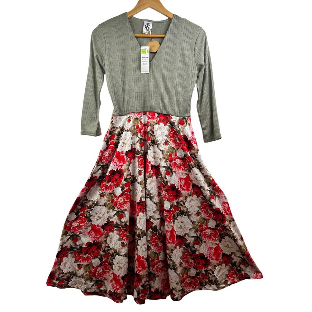 Agnes & Dora Curie Dress XS Green Floral Ribbed Midi NWT Cottagecore Made in USA